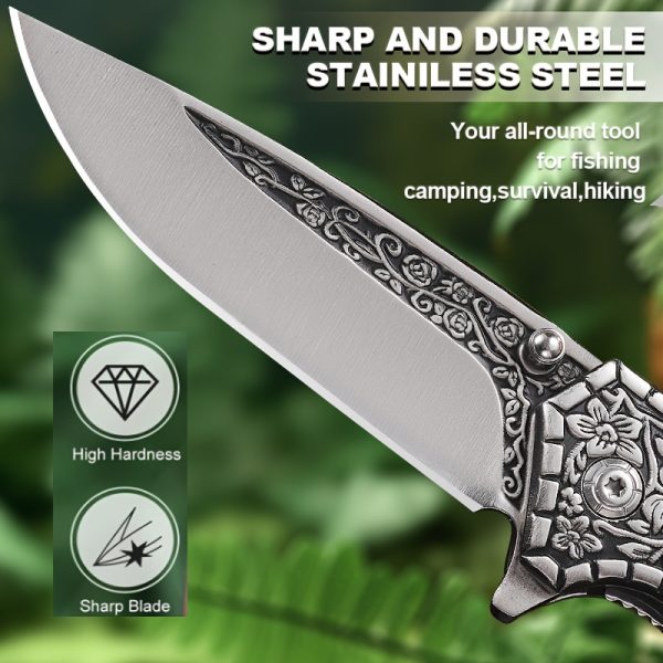 1pc Ambidextrous Stainless Steel Folding Knife with 3D Vintage Embossed Pattern - Lightweight Pocket Knife for Outdoor Survival, Camping, Fishing, Hiking, Hunting - Unique Engraved Design, Ideal Men'S Gift for Christmas, Halloween, Thanksgiving, Father'S - Image 5
