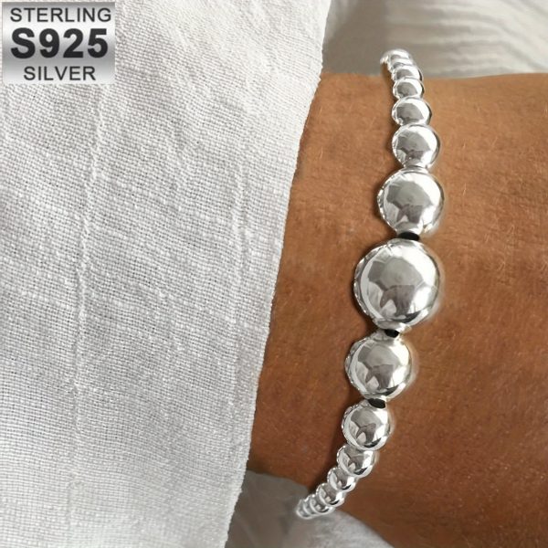 1pc Elegant 925 Sterling Silver Bead Bracelet for Women - Simple Round Handcrafted Design, Sexy Style, Ideal for Gifting and Parties, Christmas Season Suitable, No Stone Inlay, 925 Silver Plated