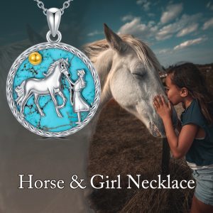 Natural Turquoise Horse Necklace For Women 925 Sterling Silver Western Turquoise Horse And Women Pendant Necklaces Horse Charm Lucky Horse Jewelry Genuine Turquoise Jewelry Gifts For Mom Wife