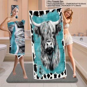 2pcs Microfiber Towel Set - Fantasy Highland Cow Print, Ultra-Fine Knit Fabric, 100% Polyester, Quick-Dry & Highly Absorbent, 240Gsm, Contemporary Style for Bathroom, Pool, Beach - Ideal Gift