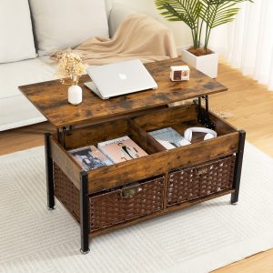 39" Lift Top Coffee Table With Hidden Compartment And Removable Drawers, Farmhouse Wood Coffee Table With Sturdy Metal Legs For Living Room, Small Lifting Top Coffee Table For Dining Reception Room, Rustic Brown Or Auburn Brown