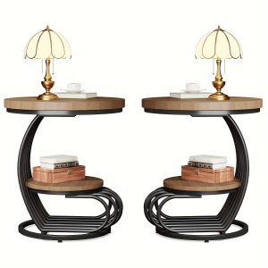 1pc Round Side Table, Butcher Block Wood Grain Finish, 2-Tier End Table With Curved Frame, Vintage Living Room Accent Table, Small Nightstand, Decorative Table, 19.68" X 24.8" H