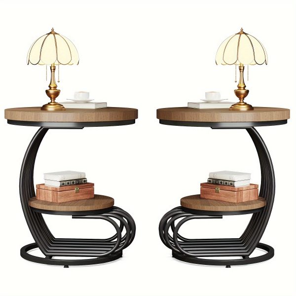 1pc Round Side Table, Butcher Block Wood Grain Finish, 2-Tier End Table With Curved Frame, Vintage Living Room Accent Table, Small Nightstand, Decorative Table, 19.68" X 24.8" H