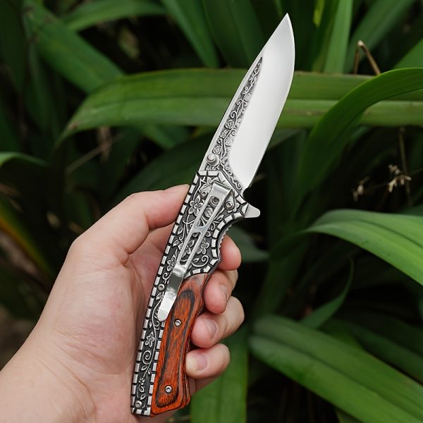1pc Ambidextrous Stainless Steel Folding Knife with 3D Vintage Embossed Pattern - Lightweight Pocket Knife for Outdoor Survival, Camping, Fishing, Hiking, Hunting - Unique Engraved Design, Ideal Men'S Gift for Christmas, Halloween, Thanksgiving, Father'S - Image 2