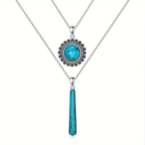 Turquoise Layered Necklace 925 Sterling Silver Real Gemstone Turquoise Pendant Boho Jewelry Gifts For Women - Image 2