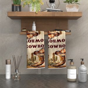 2-Pack WesternCraft Cowboy Towels, 18x26 Inch, 100% Polyester, Rustic Country Style, Soft Woven Rectangular Hand Towels for Kitchen & Bathroom, Unique Cowboy Print Home Decor