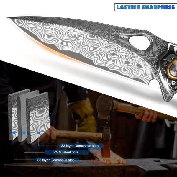 1PC Handmade Damascus Steel Pocket Knife, 3.1" VG10 Sharp Blade, Men's And Women's Folding Knife With Leather Holster, Liner Lock, Resin And Maple Handle For EDC Outdoor Camping Use, Hiking Carry, Everyday Fishing Knife - Image 4