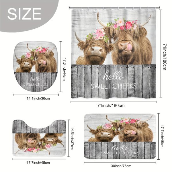 1/4pcs Farmhouse Highland Cow Bathroom Set - Waterproof Shower Curtain with 12 Hooks, Non-Slip Mat, U-Shaped Toilet Mat, Cover Mat, Country Cow Western Funny Animal Floral Wood Vintage Modern Home Decor Accessories - Image 3