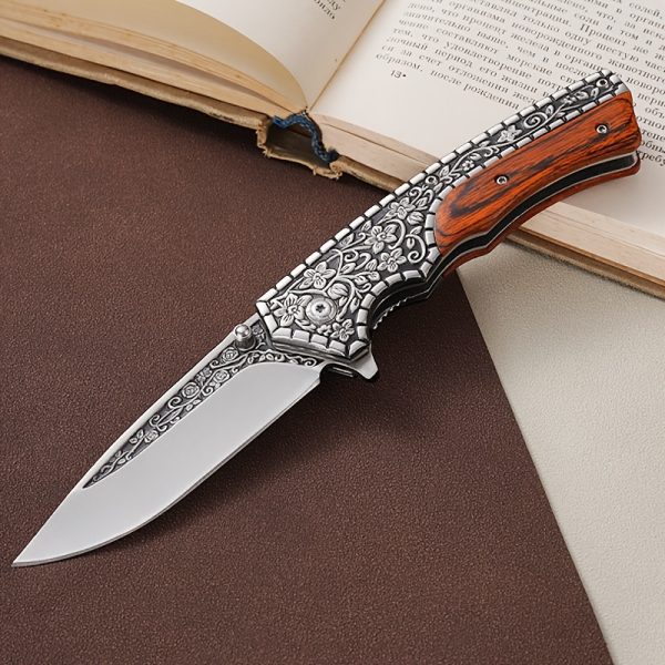 1pc Ambidextrous Stainless Steel Folding Knife with 3D Vintage Embossed Pattern - Lightweight Pocket Knife for Outdoor Survival, Camping, Fishing, Hiking, Hunting - Unique Engraved Design, Ideal Men'S Gift for Christmas, Halloween, Thanksgiving, Father'S - Image 4