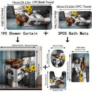 [6pcs Highland Cow Bathroom Decor Set] 1pc/2pcs/4pcs/6pcs Highland Cow Bathroom Decor Set, Woven Polyester, Water-Resistant, Non-Bleach, Fashion Theme, with Quick-Absorbent Towels, Bath Mat, Toilet Cover, Bathroom Accessories with Hooks for Bathroom Decor