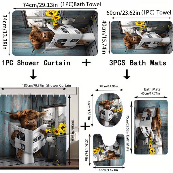 [6pcs Highland Cow Bathroom Decor Set] 1pc/2pcs/4pcs/6pcs Highland Cow Bathroom Decor Set, Woven Polyester, Water-Resistant, Non-Bleach, Fashion Theme, with Quick-Absorbent Towels, Bath Mat, Toilet Cover, Bathroom Accessories with Hooks for Bathroom Decor