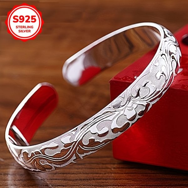 925 Pure Silvery Fashion Retro Floral Pattern Open Bracelet
