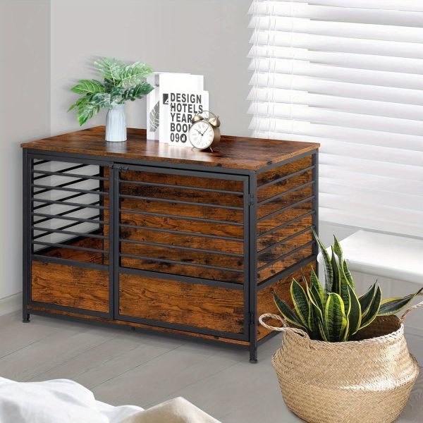 1pc Rustic Wooden Dog Crate Furniture with Metal Frame, Scratch-Resistant End Table, Secure Latch, Adjustable Feet, Indoor Pet Cage House for Small/Medium Dogs - Image 10