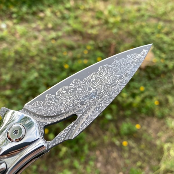 1 Piece, Damascus Steel Folding Pocket Knife, Premium Quality High Hardness Knife With Leather Sheath, Stabilized Cured Wood Handle, EDC Camping And Fishing Knife, Great For Adventure, Outdoor Hiking Tools, Men's Folding Knife Gift, Fruit Knife - Image 4