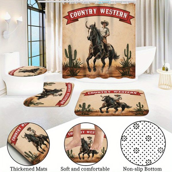 1pc/4pcs Western Cowboy Waterproof Bathroom Decor Set, Polyester Woven Fabric, Fashionable Country Western Theme, Washable, with Non-Slip Rug, Toilet Cover, and 12 Hooks - Image 5