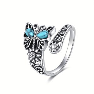 925 Sterling Silver Butterfly Spoon Ring, Vintage Thumb Rings, Boho Adjustable Open Ring, Turquoise Jewelry Gifts For Women