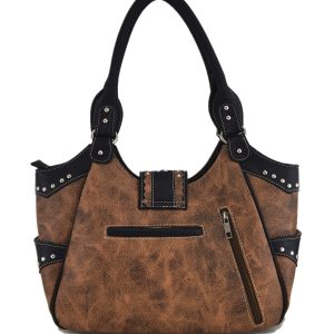 Vintage Plaid Faux Leather Shoulder Bag with Matching Wallet - Dark Brown Western Style Berry Studded Applique Design, Water-Resistant with Fixed Straps, Zipper Closure and Polyester Lining, Positioning Print Detail, Edge Painted