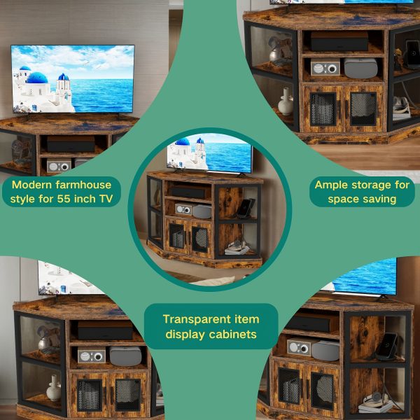 Xelsyo Farmhouse Corner TV Stand For TVs Up To 55 Inch With Power Outlet, Wood Entertainment Center, TV Media Console With Storage, Walnut - Image 5