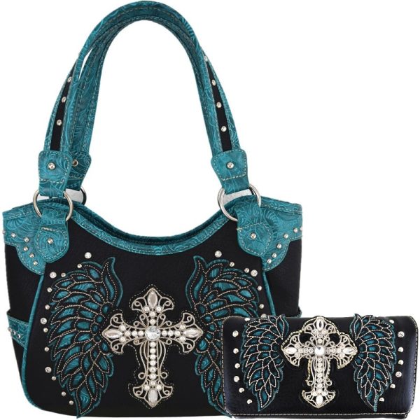 Western Chic Rhinestone Cross & Laser-Cut Wings Embossed Faux Leather Tote with Matching Wallet - Fashionable Shoulder Bag Set for Women - Image 9