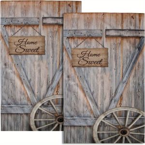 2-Pack Rustic Barn Door Hand Towels, Grey Brown Wooden Farmhouse Style, 27.5x16inch/70x40cm, Soft Polyester, Contemporary Floral Design, Breathable Bathroom Kitchen Decor Towels