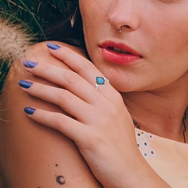 Turquoise Ring 925 Sterling Silver Long Oval Cut Turquoise Vintage Style Ring for Women - Image 3