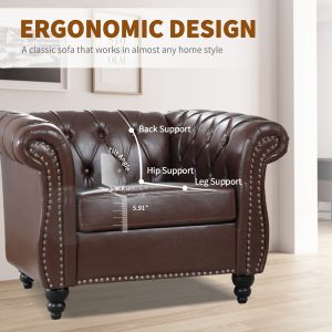 Wide Seat Wide Rolled Arm Sofa with Nailhead Trim And Wooden Legs, Retro Style Upholstered Single Sofa for Living Room, Bedroom, Dark Brown PU