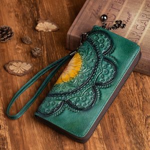 Planted Tanned Leather, Top Layer Cowhide, Genuine Leather, Women's Wallet, Mobile Phone Bag, Hand-held Bag, Embossed, Handmade, Hand-painted, Retro Style, Lightweight, Practical For Travel, Inner Compartment Made Of Top Layer Cowhide