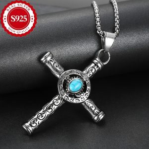 S925 Silver Vintage Turquoise Cross Necklace Birthday Gift, Hip Hop Fashion Jewelry Pendant For Men
