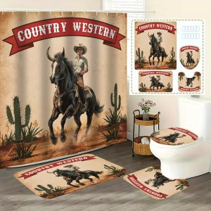 1pc/4pcs Western Cowboy Waterproof Bathroom Decor Set, Polyester Woven Fabric, Fashionable Country Western Theme, Washable, with Non-Slip Rug, Toilet Cover, and 12 Hooks