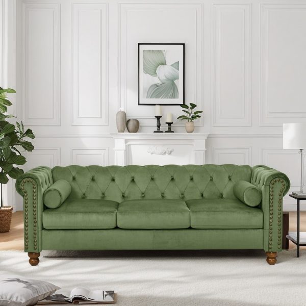 Classic Green Velvet Chesterfield Sofa with Scroll Arms, Nailhead Trim & Solid Wood Legs - Comfortable Button Tufted Settee for Living Room, Bedroom, Office, or Apartment - Image 2