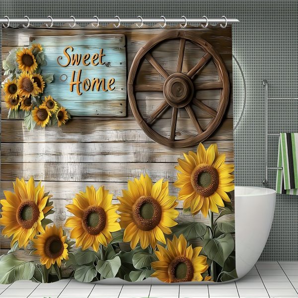 1/4pcs Country Sunflower Pattern Shower Curtain Set, Farmhouse Wagon Wheel And Sunflower with Wood Wall Background Brown Shower Curtain for Christmas Bathroom Shower Decoration with 12 Hooks Non-Slip Bath Mat U Shape Toilet Seat Cover Mat - Image 2