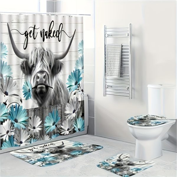 Highland Cow Shower Curtain Set with Hooks, Water-Resistant Polyester Cartoon Animal Farmhouse Bathroom Decor, Gray Daisy Country Rustic Wooden Fence Get Naked Quote, All-Season Knit Fabric Curtain with Cattle Theme, 4-Piece Bundle Including Hook and Mat - Image 5
