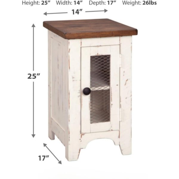 Wystfield Farmhouse Chair Side End Table with Cabinet Door for Storage White Brown with Distressed Finish - Image 4