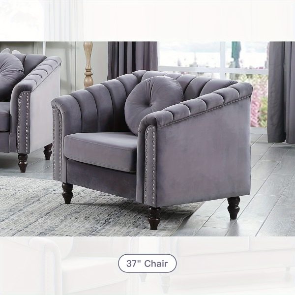 [The Yard]Chesterfield Sofa Set, Luxurious Flannel Upholstered Couch Set With Rolled Arms And Rivet Trim, 3-Piece Living Room Furniture Set Including Sofa, Loveseat, And Armchair, Button Tufted Cushions, Modern Classic Style Sofa For Home Or Office - Image 9