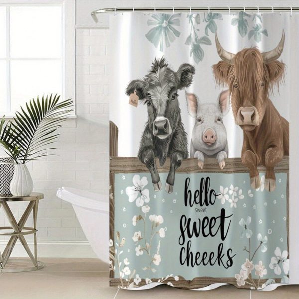 Animal Farmhouse Bathroom Decor Set, 4pcs Water-Resistant Woven Polyester Bath Ensemble with Free Hooks, Machine Washable Digital Print Artistic Divider with Farm Animals Design - Image 2