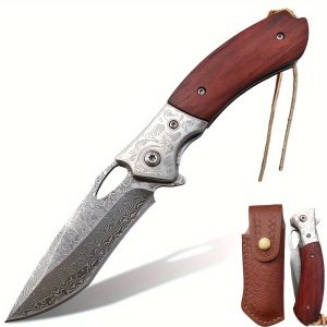 Damascus Pocket Knife, Folding Knife, VG10 Steel Core 67 layers Damascus Steel Knife With Leather Sheath, Wood Handle, EDC Knife, Pocket Clip, Outdoor Knife Survival Knife, Collection Knife