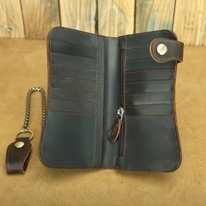 Vintage Crazy Horse Leather Men's Wallet, Long Chain Motorcycle Style Leather Wallet, Top Layer Cowhide Clip, Multi-card Holder, Trendy Bag