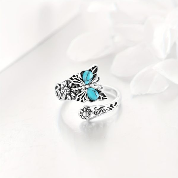 925 Sterling Silver Butterfly Spoon Ring, Vintage Thumb Rings, Boho Adjustable Open Ring, Turquoise Jewelry Gifts For Women - Image 3