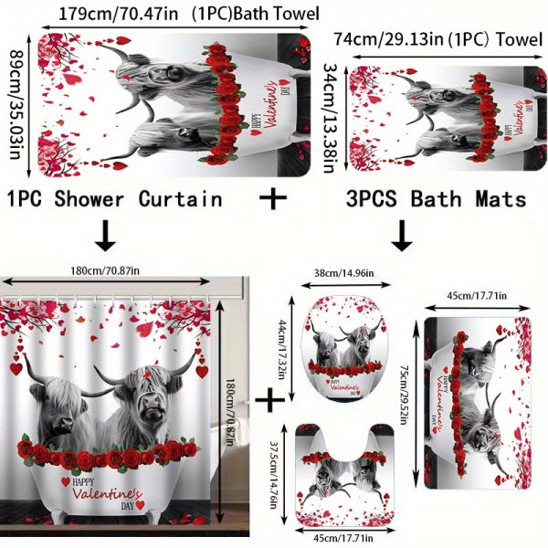 Valentine'S Day Highland Cow Bathroom Set with Hooks, Water-Resistant Polyester Decor, Non-Slip Mats, Toilet Cover, Ultra-Soft Towels, Hand Washcloths, Fashion Animal Love Theme Bath Accessories - 1pc/2pcs/4pcs/6pcs - Image 4