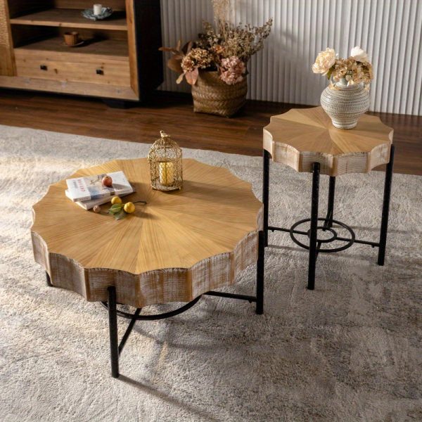 Vintage 31.5" Cedar Coffee Table Set with Natural Pine Grain Top and Dimpled Metal Cross Legs, Black - Set of 2 - Image 3