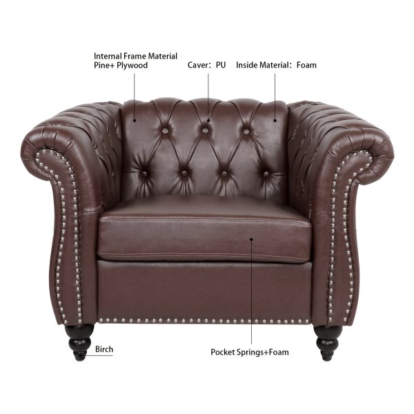 Wide Seat Wide Rolled Arm Sofa with Nailhead Trim And Wooden Legs, Retro Style Upholstered Single Sofa for Living Room, Bedroom, Dark Brown PU - Image 4