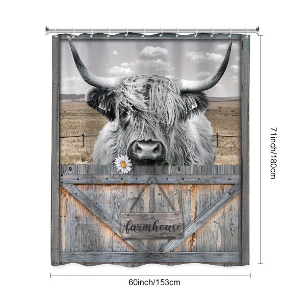 1pc/4pcs - Mountain Cow Shower Curtain Set, Including Waterproof Shower Curtain With 12 Plastic Hooks, Bathroom Anti-slip Floor Mat, Toilet U-Shaped Mat, Cover Mat, Country Farmhouse Wood Plank Animal Modern Bedroom Modern Cool Home Bathroom Decor - Image 7