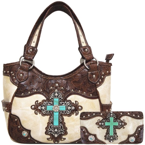 Western Style Rhinestone Cross Stud Handbag Tools Handbag Country Shoulder Bag Triple Fold Wallet Set - Image 3