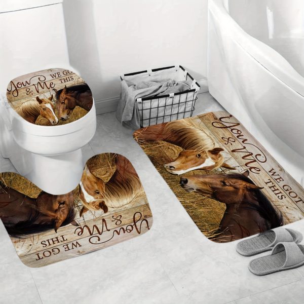 1pc/4pcs Horse Shower Curtain Set, Horse Facing Off Wood Backdrop Side with Inspirational Quotes Western Wild Animals Horse Print Pattern Shower Curtain, Non Slip Bath Mat Toilet Floor Mat, Farm Animal, 12 Plastic Hooks, 71x71in - Image 3