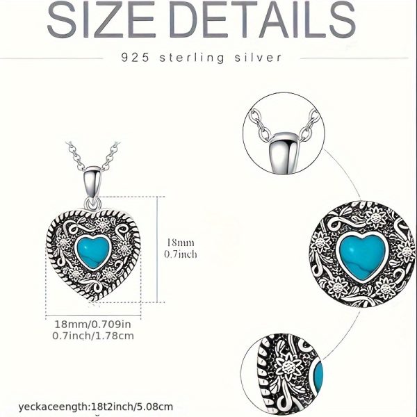 Vintage Sunflower Heart Shaped Locket Necklace S925 Sterling Silver With Synthetic Turquoise Jewelry For Women Girls Halloween Christmas - Image 4