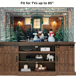 75" Rustic Farmhouse TV Stand For 80 85 Inch TV With Sliding Barn Door, Large Highboy Entertainment Center And Storage Cabinet