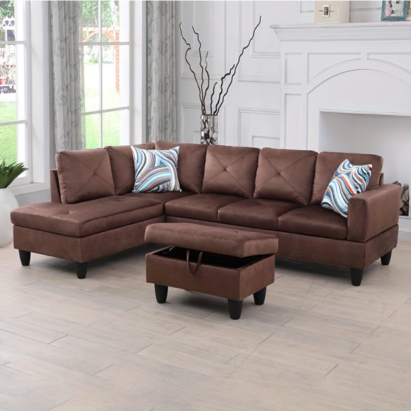 3pcs Vintage Style Brown Microfiber Sofa Set, Armless Pillow-Back Living Room Couches, Hardwood & Metal Frame, Foam & Polyurethane Foam Seating, with No Electricity or Battery Needed for Living Room
