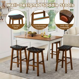 Set Of 2 Woven Saddle Stools, 31" Faux PU Leather Country Style Wood Bar Height Barstools With Woven Curved Seat, Saddle Barstools For Kitchen Island, Pub