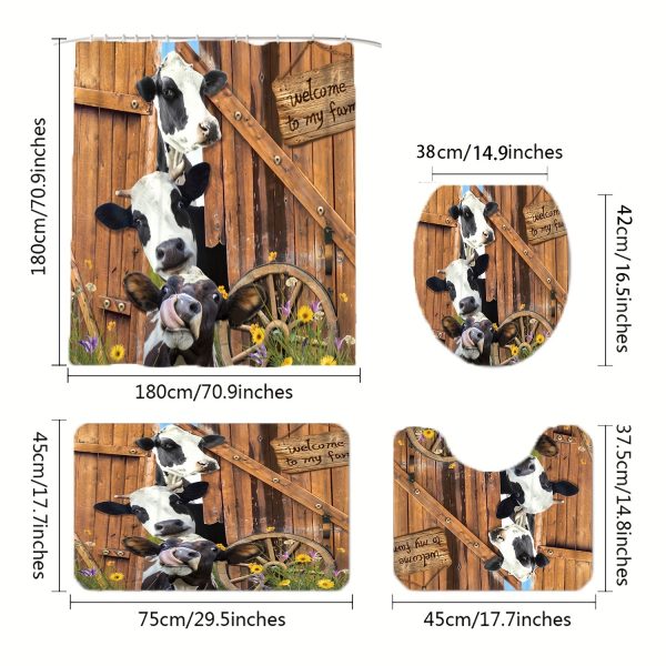 Country Farm Cow Print Bathroom Set with Polyester Knit Water-Resistant Bath Drapery, Machine Washable, Includes Grommet Accessories for All-Season Use - 4 Piece Set - Image 3