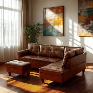 3pcs L-Shape Sectional Sofa Set - Includes Matching Storage Ottoman, Pillows, For Living Room, Apartment, Office With Ample Seating And Storage-Brown